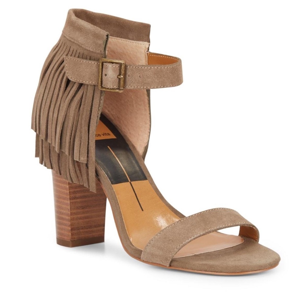 Dolce Vita Like New Sz 6 Suede Fringe Stacked Heel Sandals Taupe Western